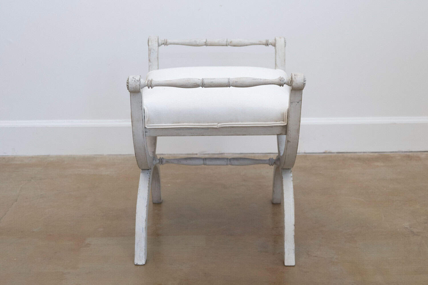 Swedish 1830s Empire Style Painted and Upholstered Stool with Spindle Arms - JAA