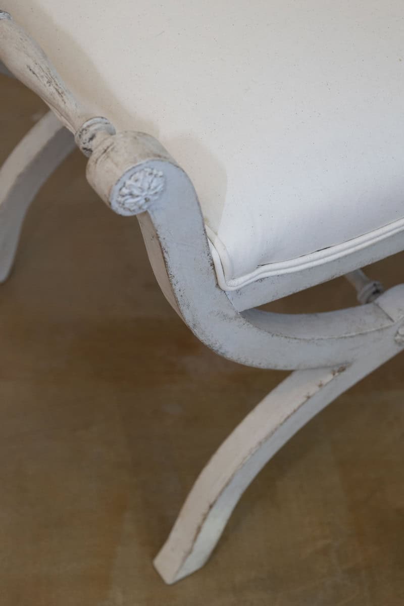 Swedish 1830s Empire Style Painted and Upholstered Stool with Spindle Arms - JAA