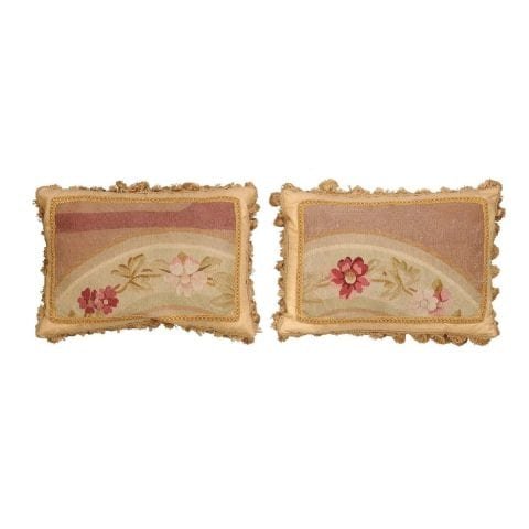 Pair of French 19th Century Aubusson Tapestry Pillows with Flowers and Tassels
