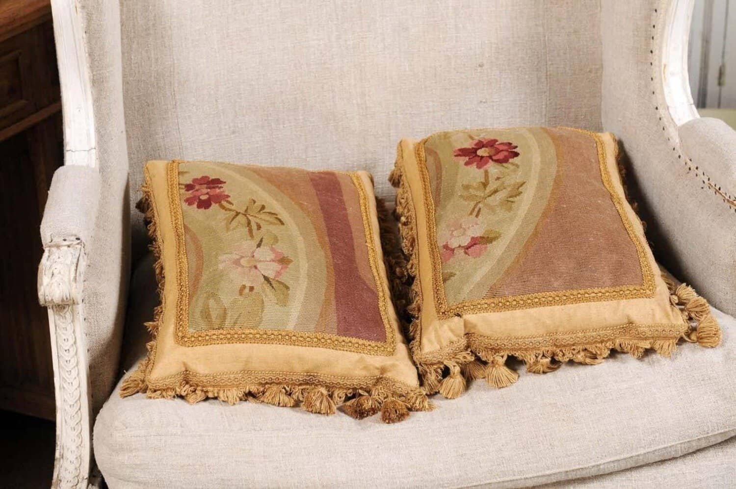 Pair of French 19th Century Aubusson Tapestry Pillows with Flowers and Tassels - JAA