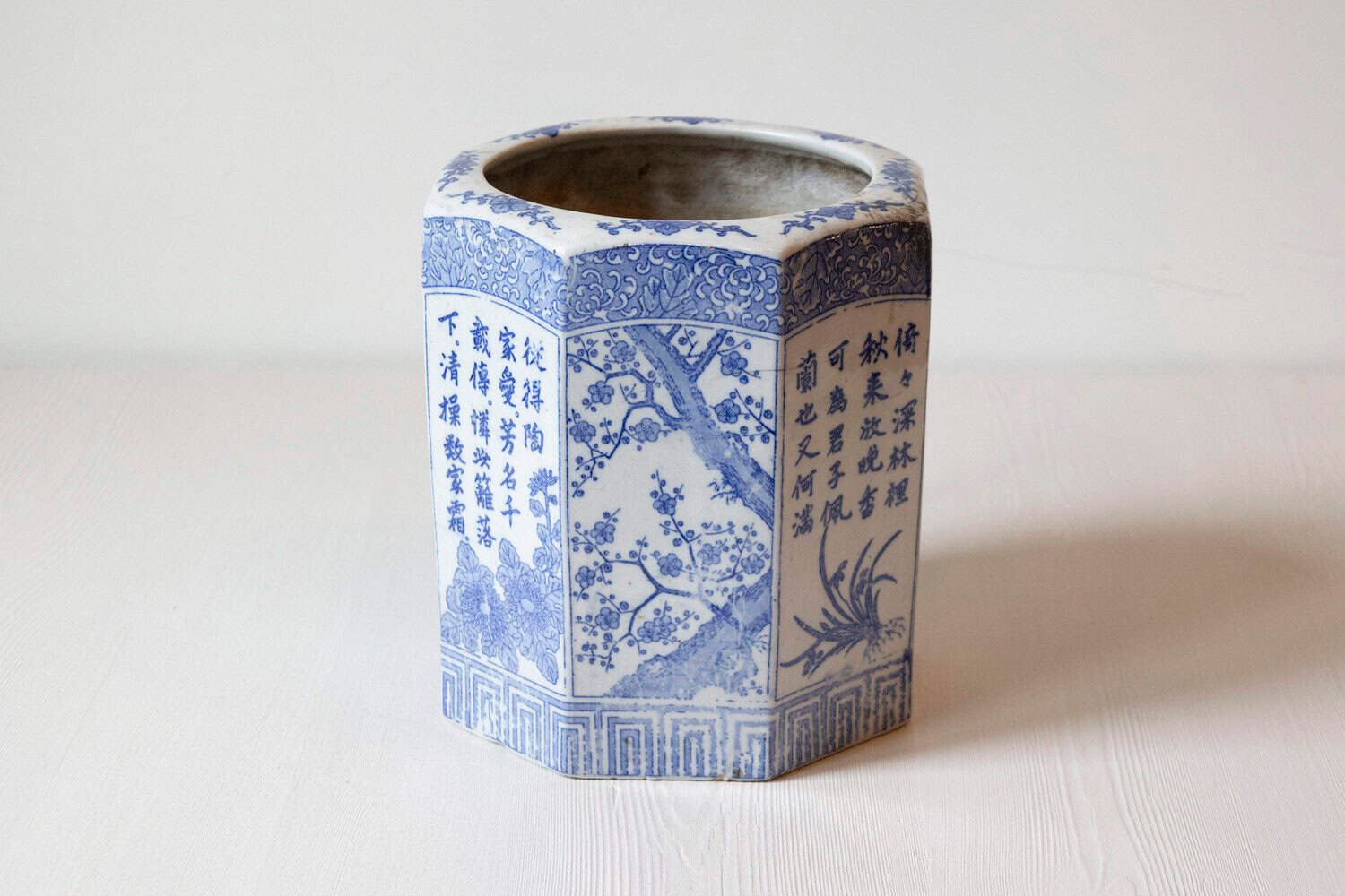 40% OFF at Checkout. Chinese Blue and White Hexagonal Porcelain Vase with Hand-Painted Foliage Décor - JAA