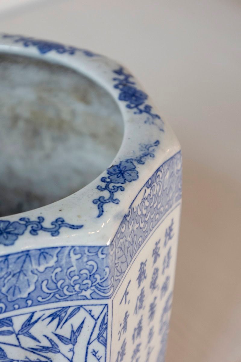 40% OFF at Checkout. Chinese Blue and White Hexagonal Porcelain Vase with Hand-Painted Foliage Décor - JAA