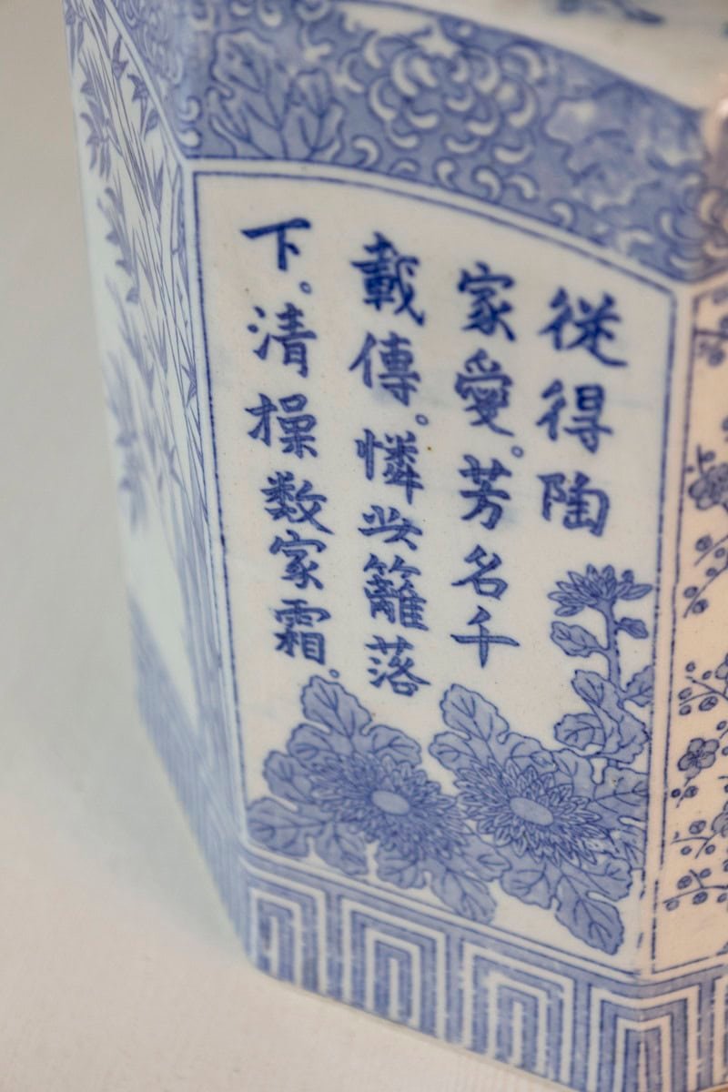 40% OFF at Checkout. Chinese Blue and White Hexagonal Porcelain Vase with Hand-Painted Foliage Décor - JAA