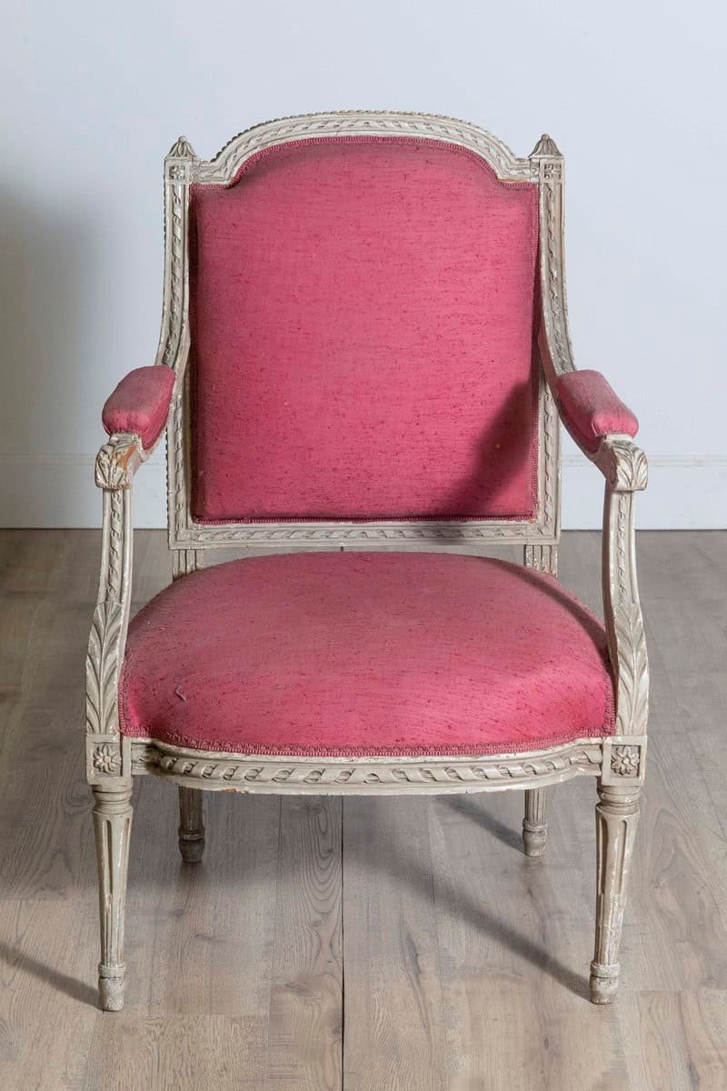 French Louis XVI Style 19th Century Painted Fauteuil with Abundant Carved Décor, SOLD EACH. - JAA