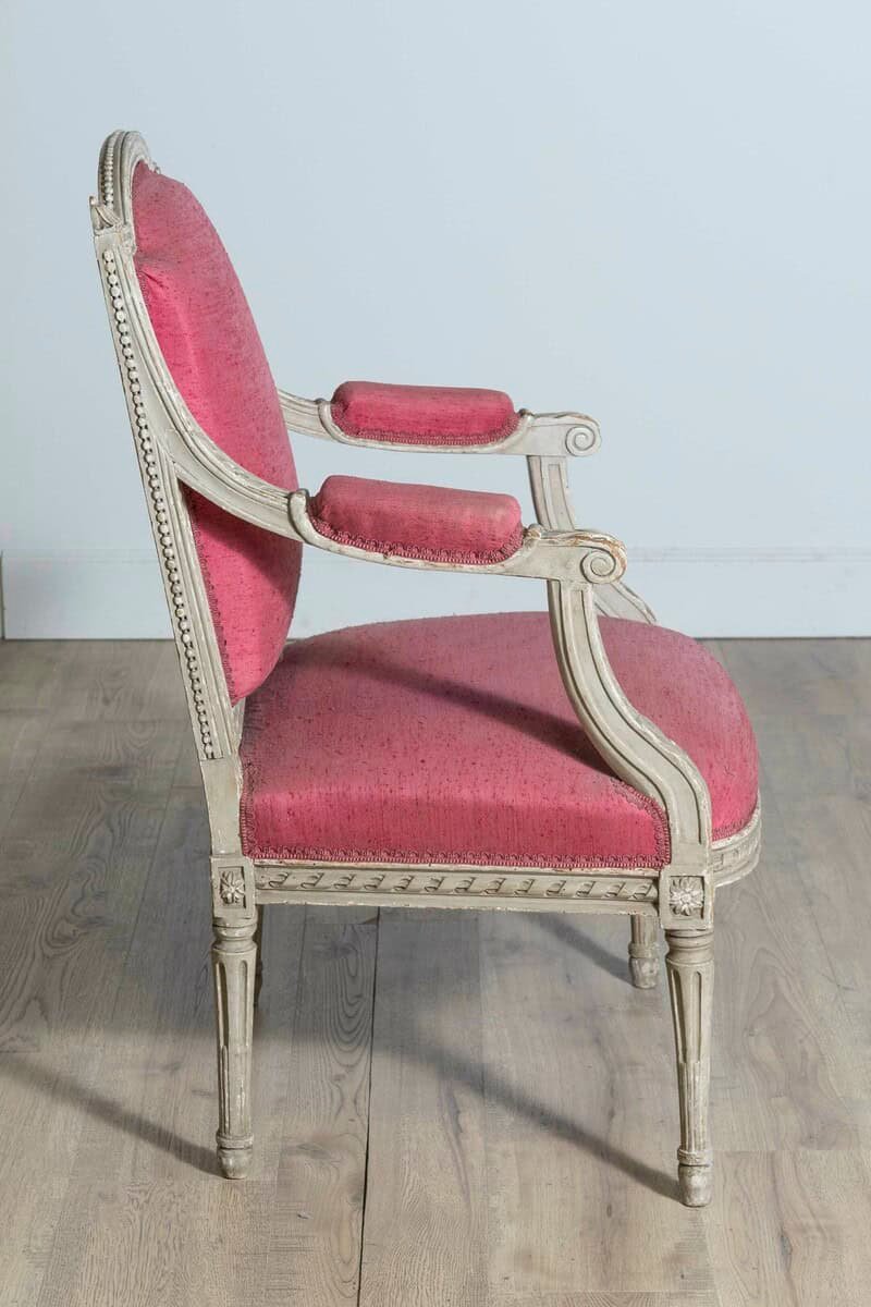 French Louis XVI Style 19th Century Painted Fauteuil with Abundant Carved Décor, SOLD EACH. - JAA