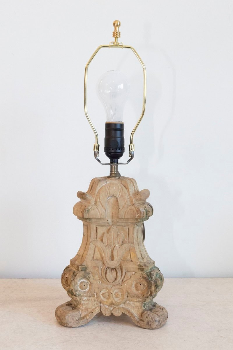 18th-Century French Baroque Carved Wood Altar Candlestick Lamp - JAA