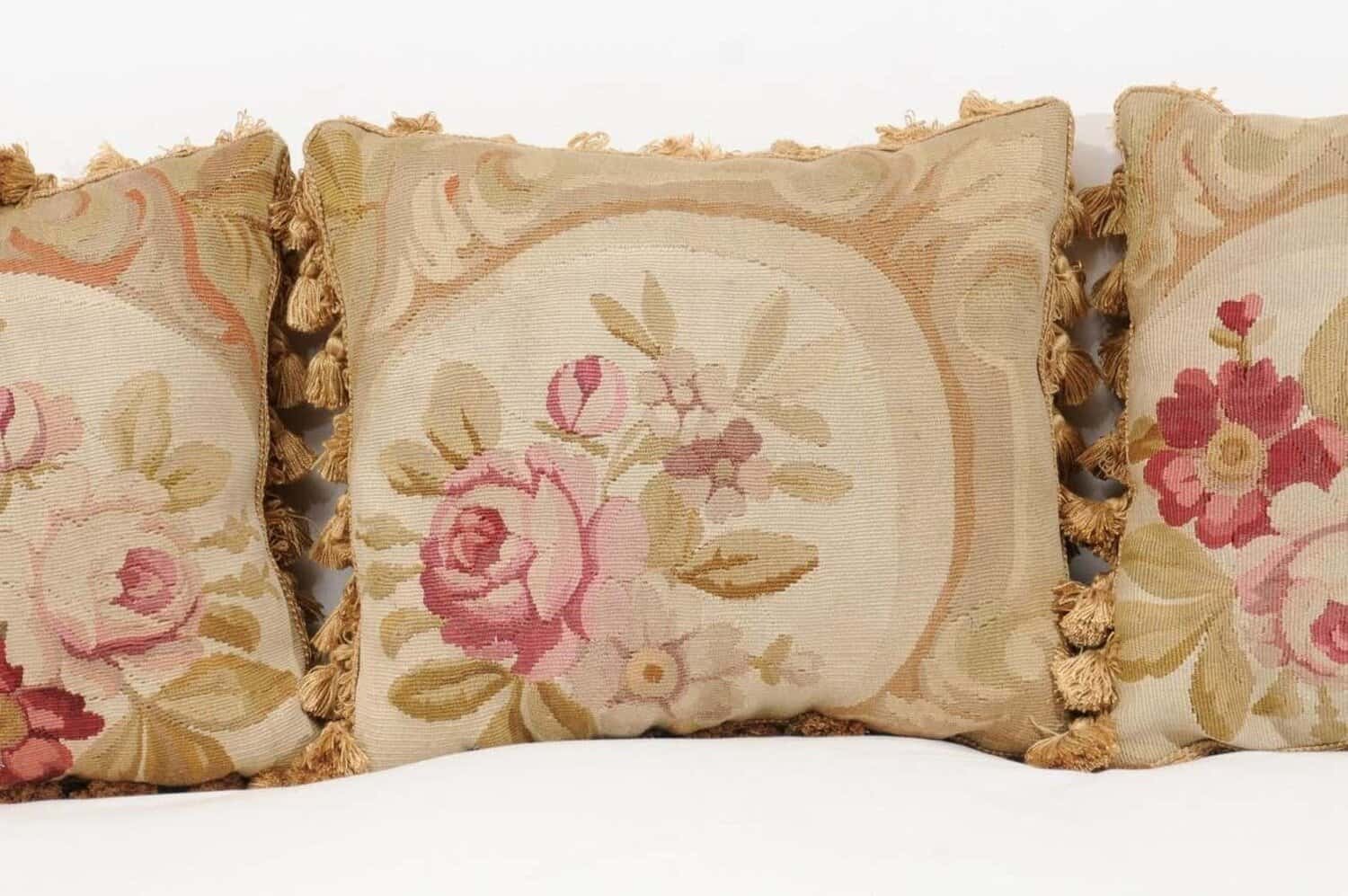 40% OFF at Checkout. French 19th Century Aubusson Woven Tapestry Pillow with Roses and Tassels - JAA