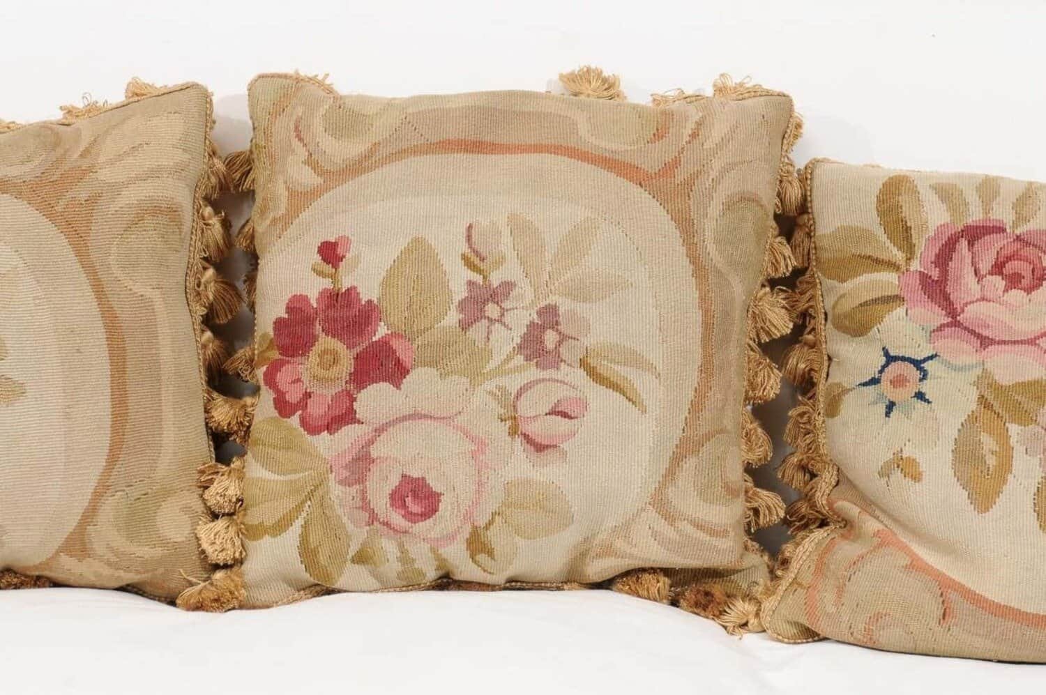 40% OFF at Checkout. French 19th Century Aubusson Woven Tapestry Pillow with Roses and Tassels - JAA