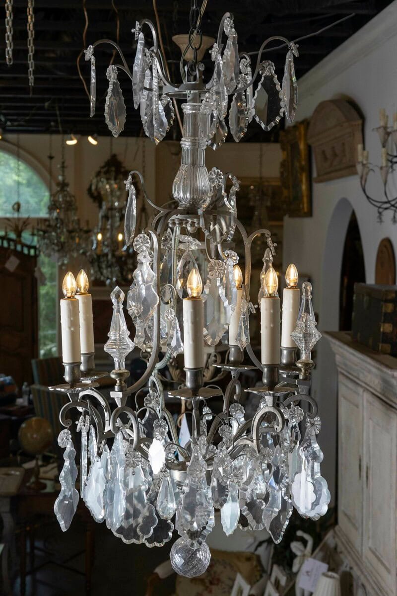 40% OFF. French 19th Century Six-Light Crystal Chandelier with Silvered Iron Armature - JAA