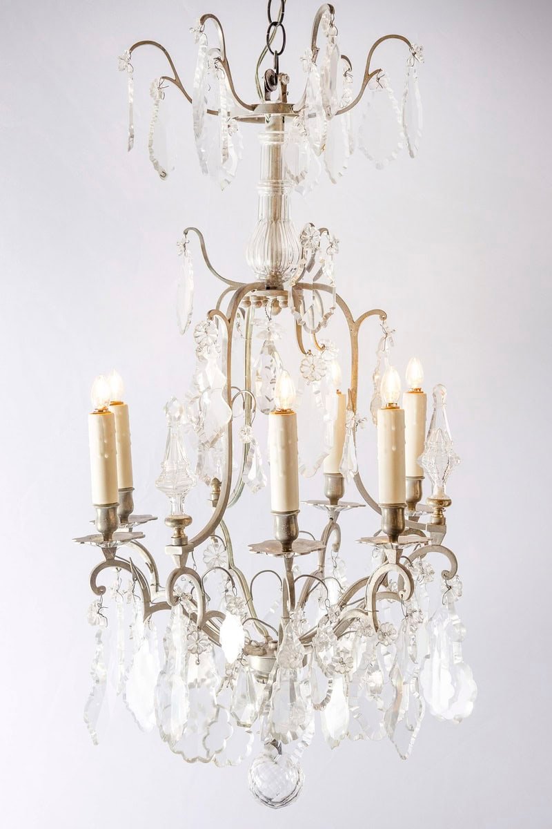 40% OFF. French 19th Century Six-Light Crystal Chandelier with Silvered Iron Armature - JAA