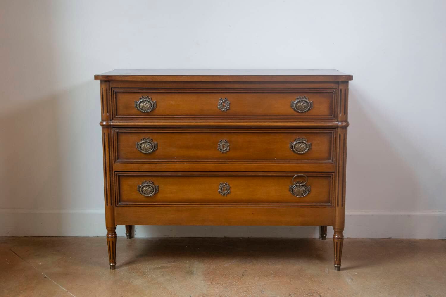 French Louis XVI Style Light Walnut Commode with Three Drawers and Fluted Motifs - JAA