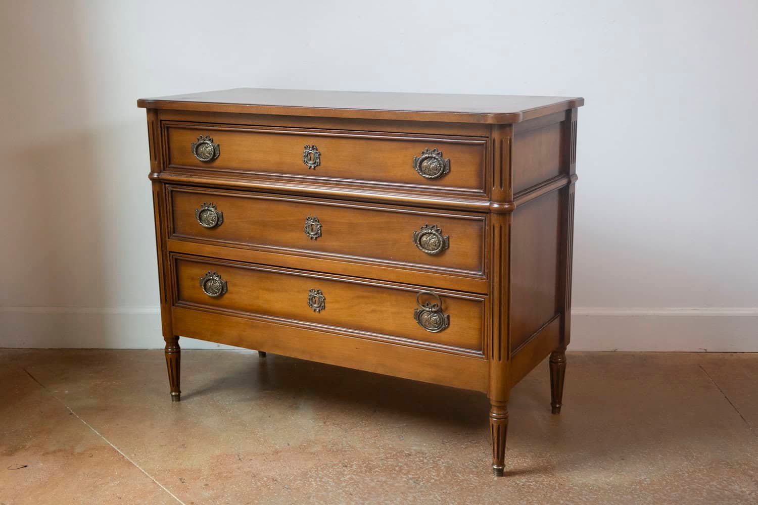 French Louis XVI Style Light Walnut Commode with Three Drawers and Fluted Motifs - JAA