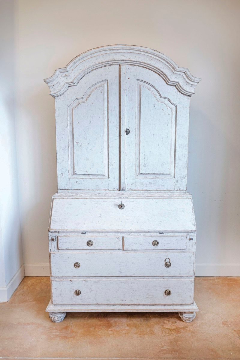 Swedish Rococo Style Chapeau de Gendarme 1820s Gray Painted Tall Secretary - JAA
