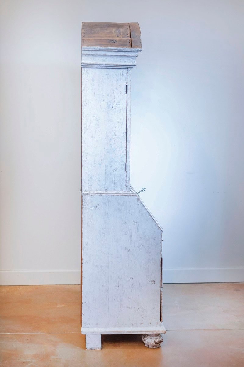 Swedish Rococo Style Chapeau de Gendarme 1820s Gray Painted Tall Secretary - JAA