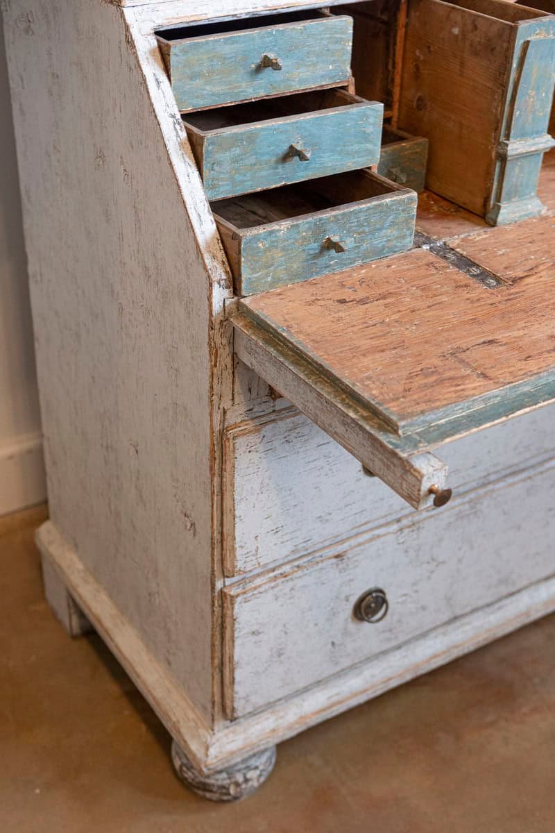 Swedish Rococo Style Chapeau de Gendarme 1820s Gray Painted Tall Secretary - JAA