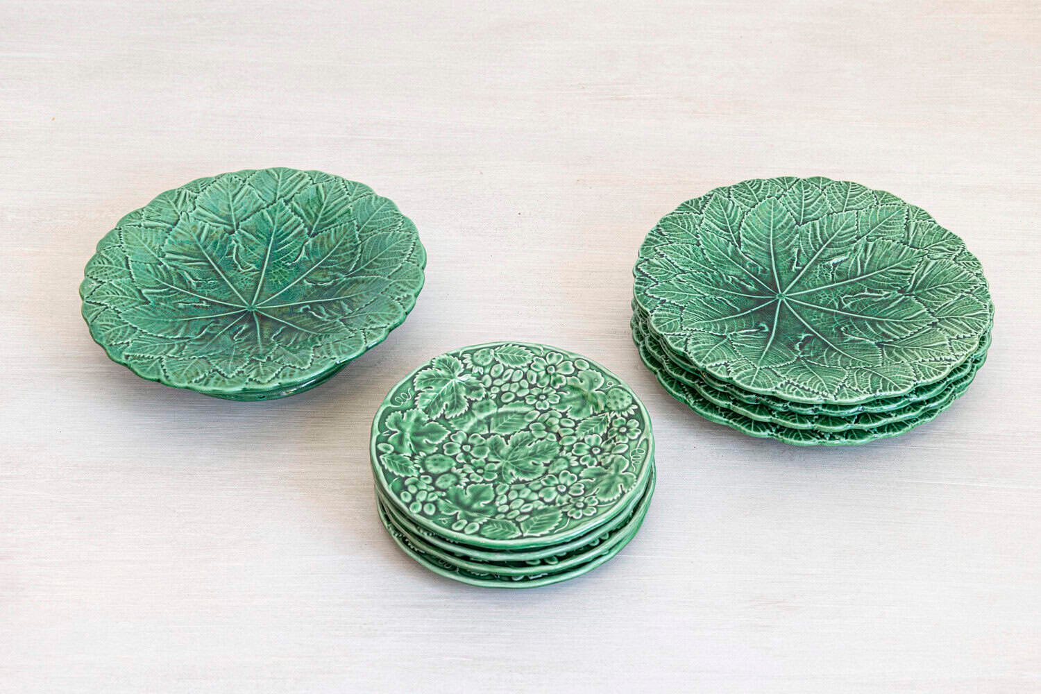 Set of Nine Green Glazed Porcelain Pieces with Eight Plates and Single Compote - JAA