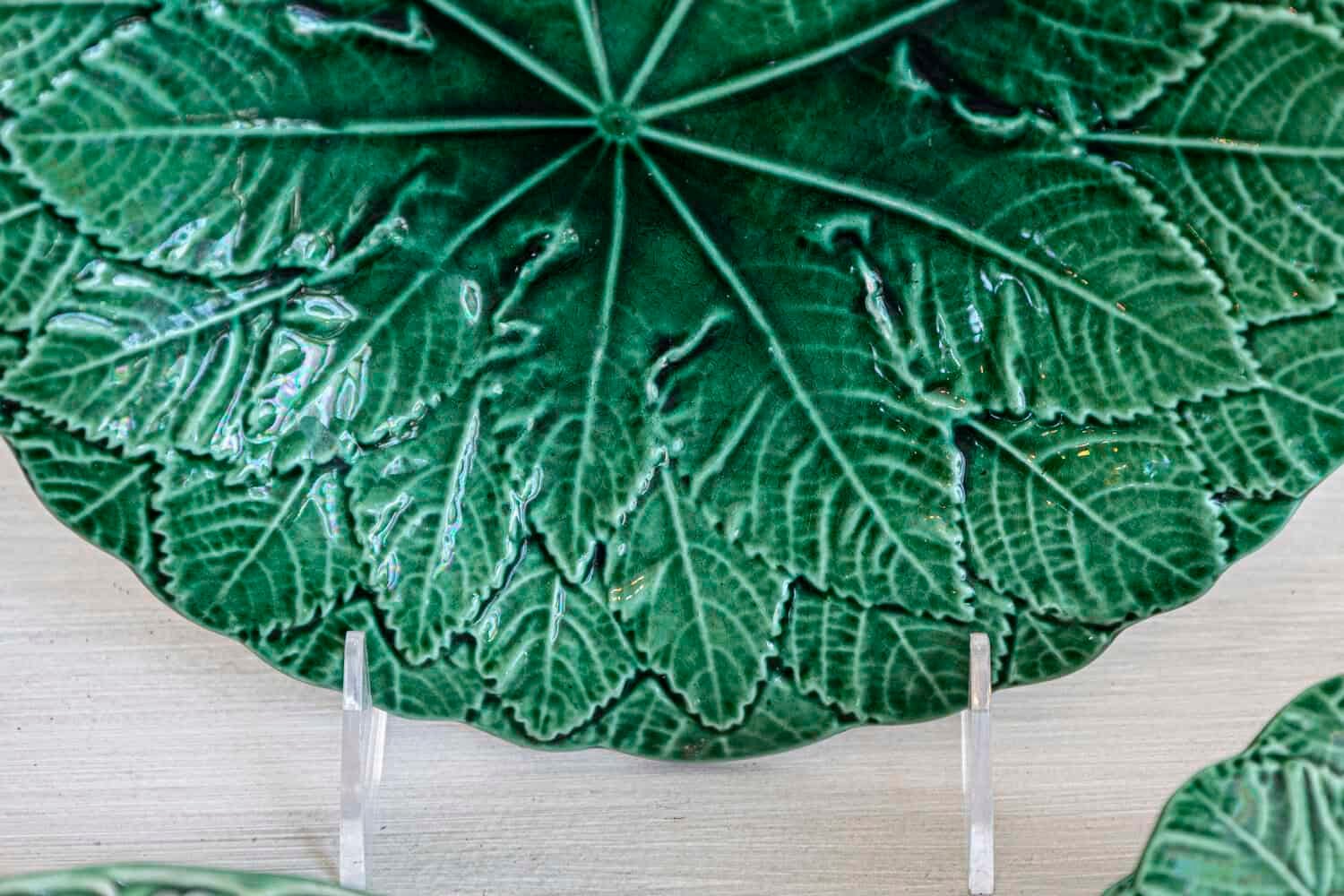 Set of Nine Green Glazed Porcelain Pieces with Eight Plates and Single Compote - JAA