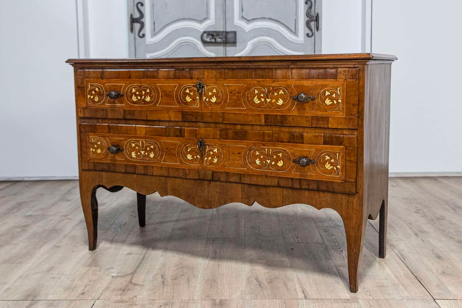 18th Century Italian Walnut, Mahogany and Ash Two-Drawer Commode with Marquetry - JAA