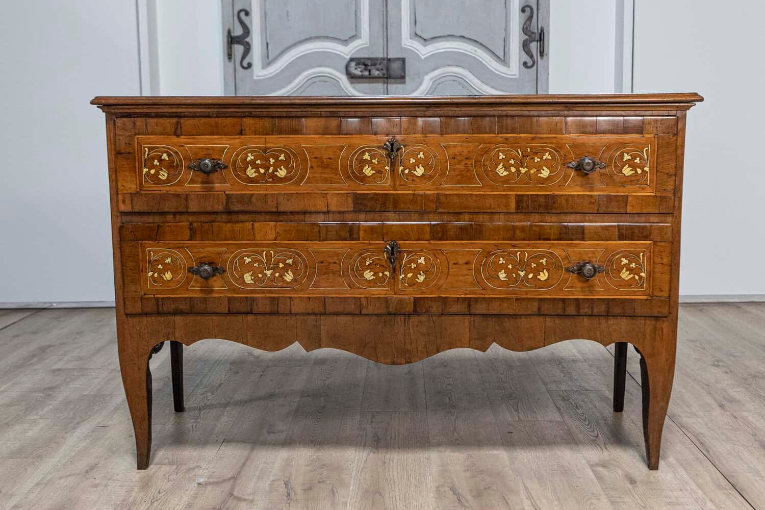 18th Century Italian Walnut, Mahogany and Ash Two-Drawer Commode with Marquetry - JAA