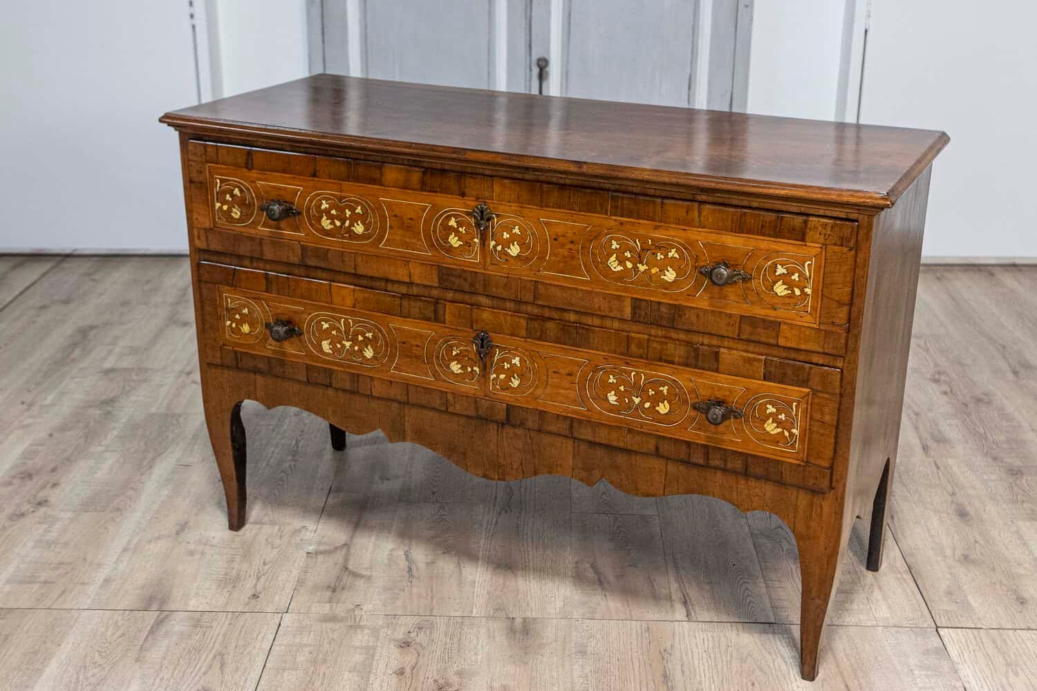 18th Century Italian Walnut, Mahogany and Ash Two-Drawer Commode with Marquetry - JAA