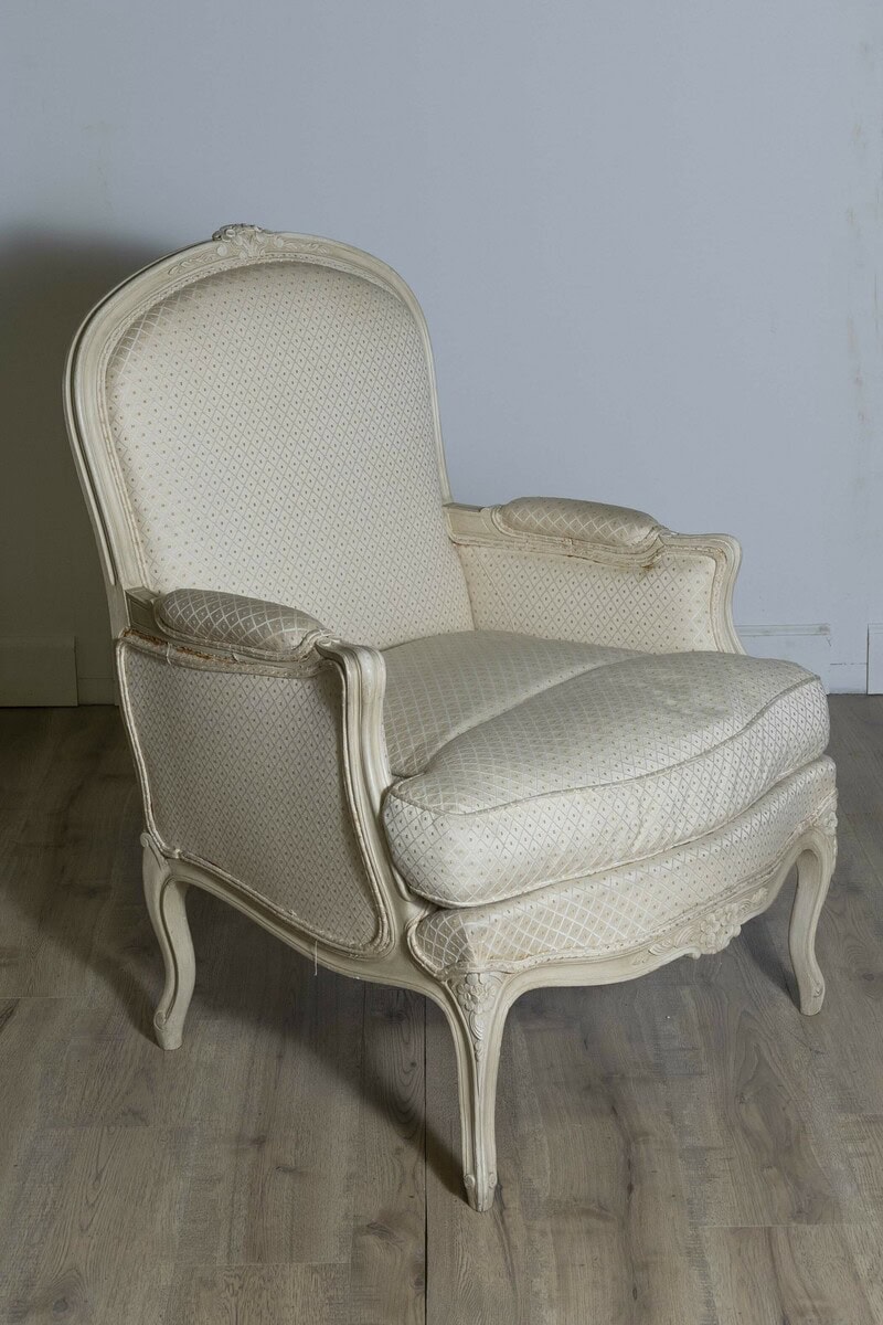 Louis XV Style French Cream Painted Wood Carved Bergères Chairs, a Pair - JAA