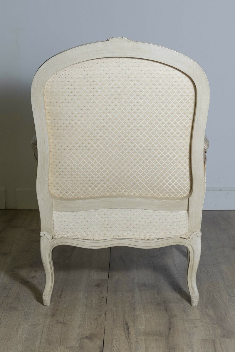 Louis XV Style French Cream Painted Wood Carved Bergères Chairs, a Pair - JAA