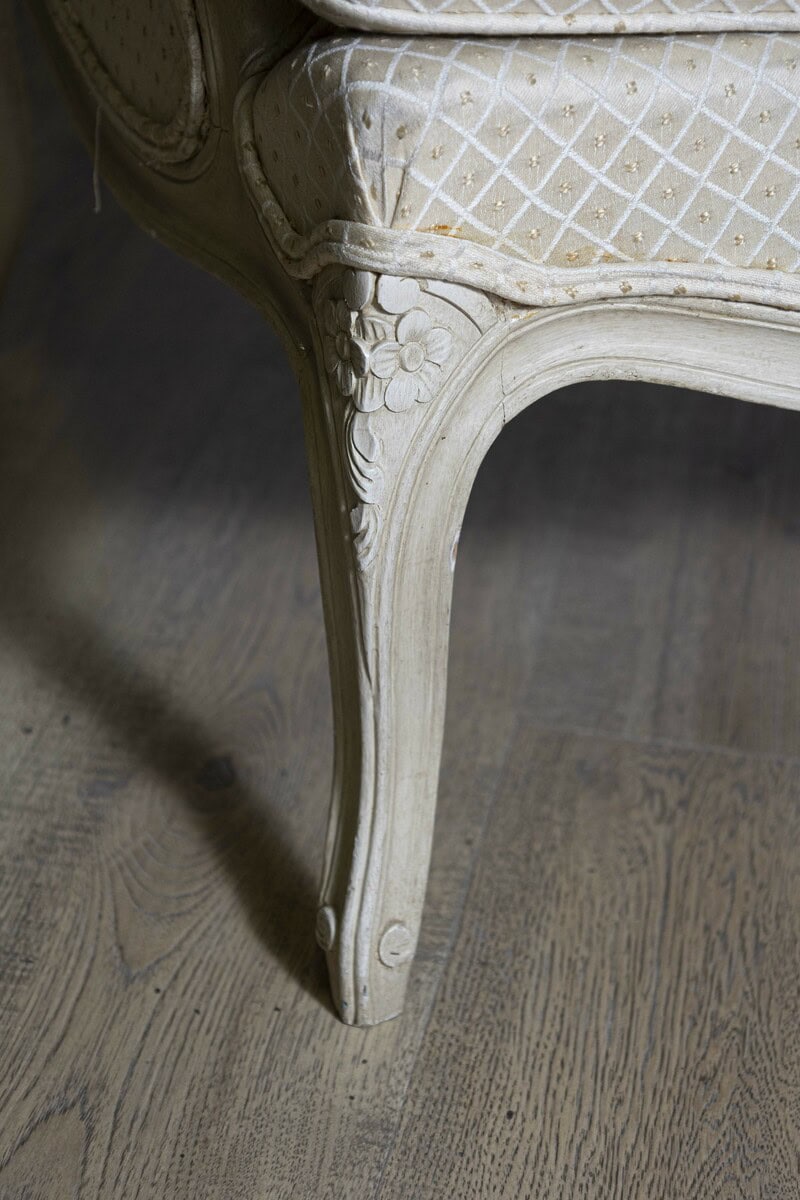 Louis XV Style French Cream Painted Wood Carved Bergères Chairs, a Pair - JAA