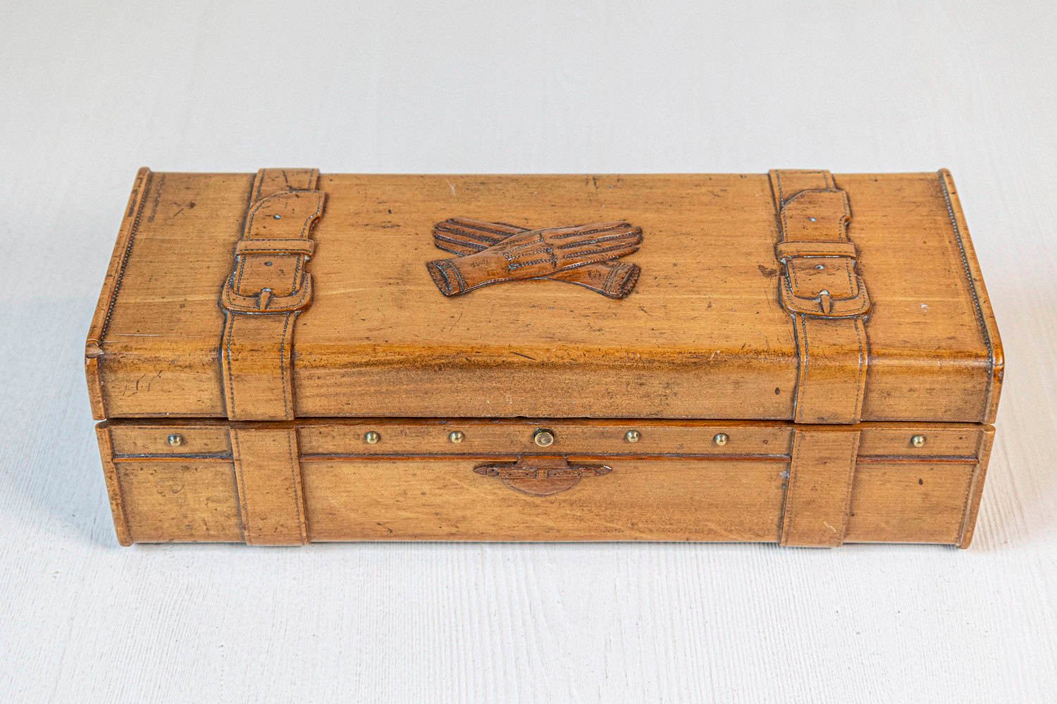 French 19th Century Cherry and Brass Glove Box with Low-Relief Carved Motifs - JAA