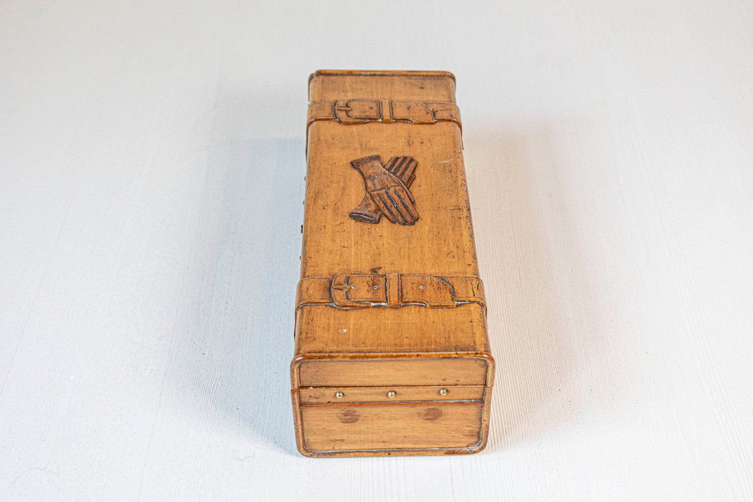 French 19th Century Cherry and Brass Glove Box with Low-Relief Carved Motifs - JAA