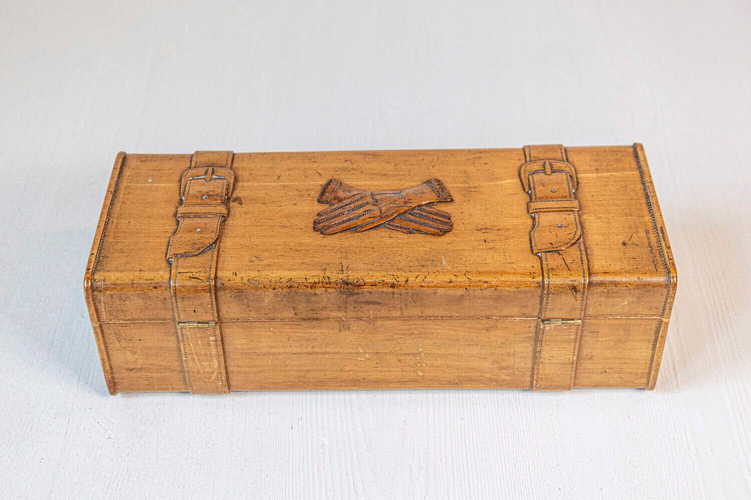 French 19th Century Cherry and Brass Glove Box with Low-Relief Carved Motifs - JAA