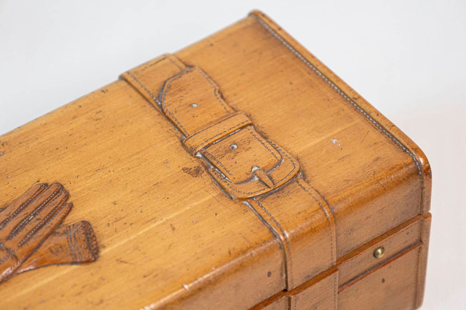 French 19th Century Cherry and Brass Glove Box with Low-Relief Carved Motifs - JAA