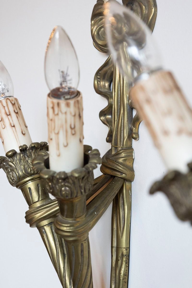 Pair of French 19th Century Bronze Two-Light Ribbon-Tied Wall Sconces, Wired - JAA