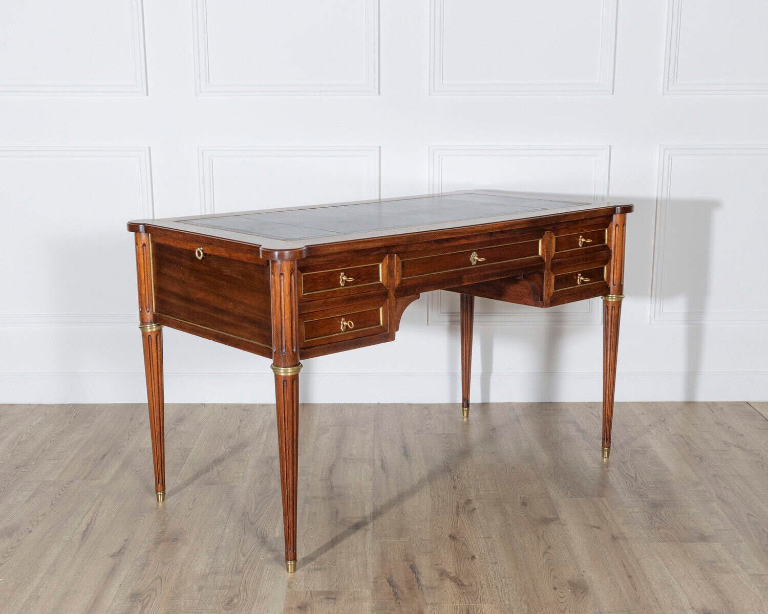 Louis XVI Style Mahogany Flat Desk with Leather Top and Extensions - JAA