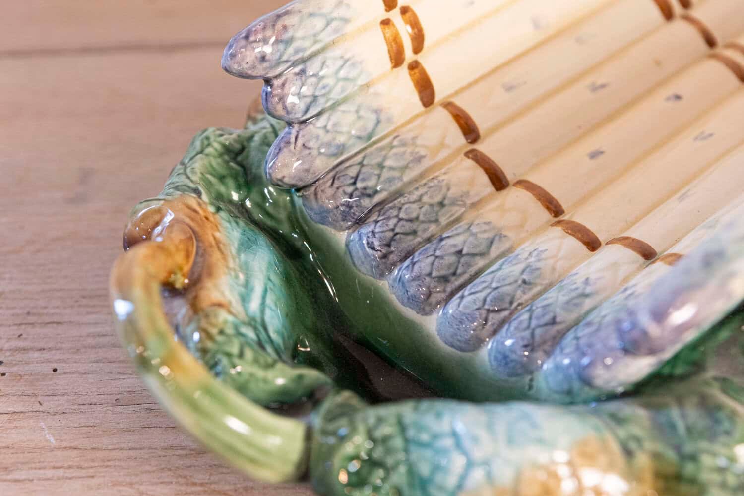 French 19th Century Majolica Asparagus Serving Tray with Oval Foliage Plate - JAA