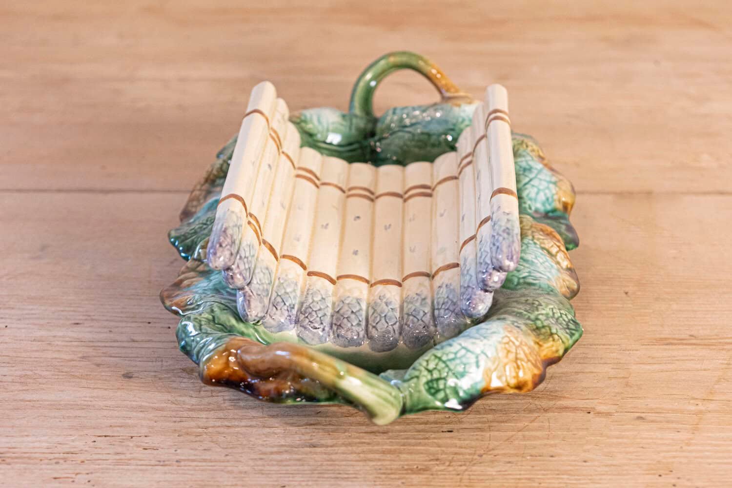 French 19th Century Majolica Asparagus Serving Tray with Oval Foliage Plate - JAA