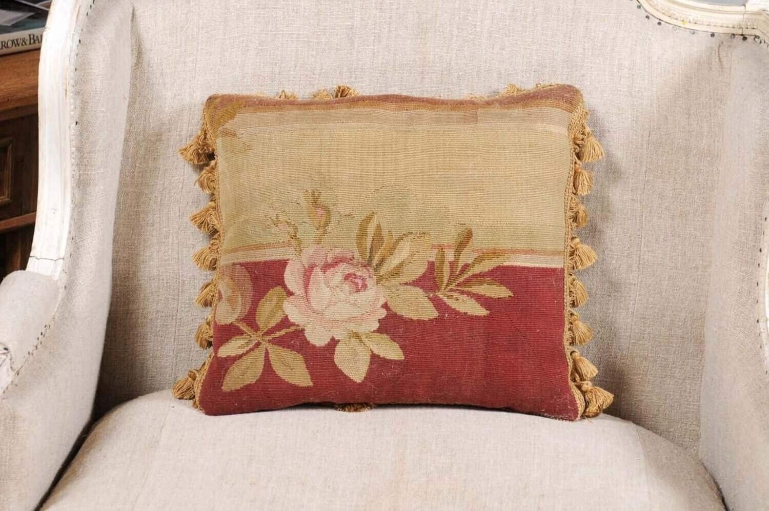 French 19th Century Aubusson Tapestry Pillow with Rose, Foliage and Tassels - JAA