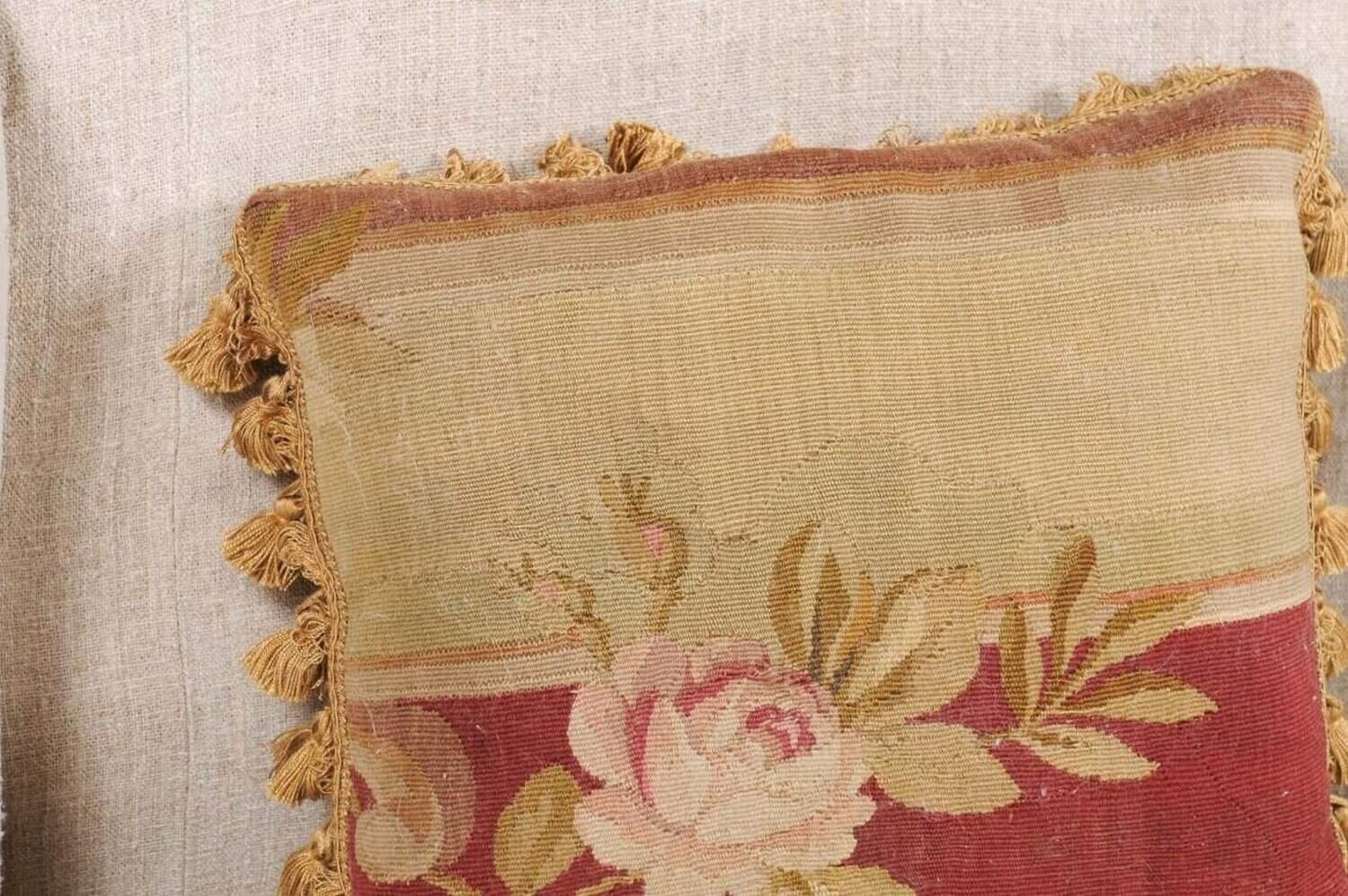 French 19th Century Aubusson Tapestry Pillow with Rose, Foliage and Tassels - JAA