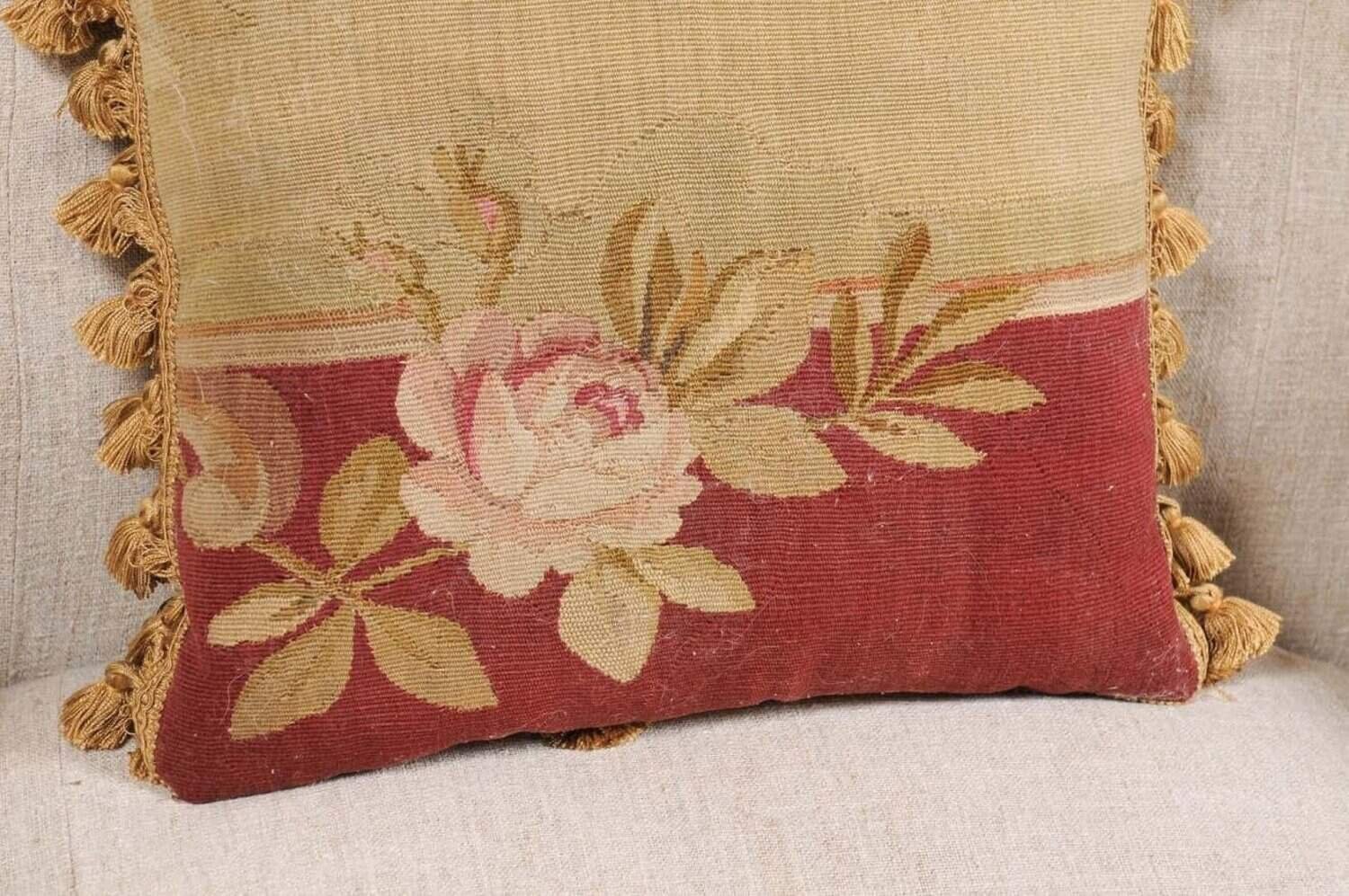 French 19th Century Aubusson Tapestry Pillow with Rose, Foliage and Tassels - JAA