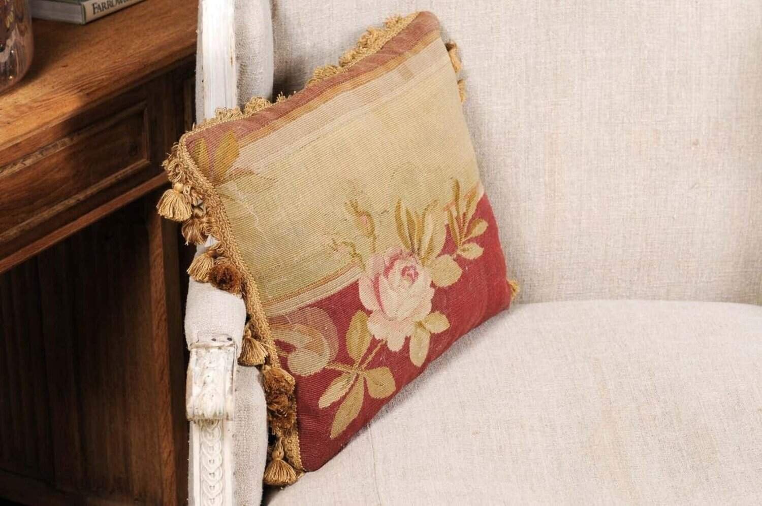 French 19th Century Aubusson Tapestry Pillow with Rose, Foliage and Tassels - JAA