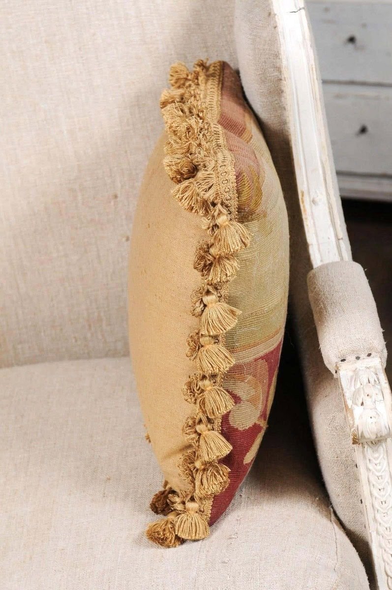 French 19th Century Aubusson Tapestry Pillow with Rose, Foliage and Tassels - JAA