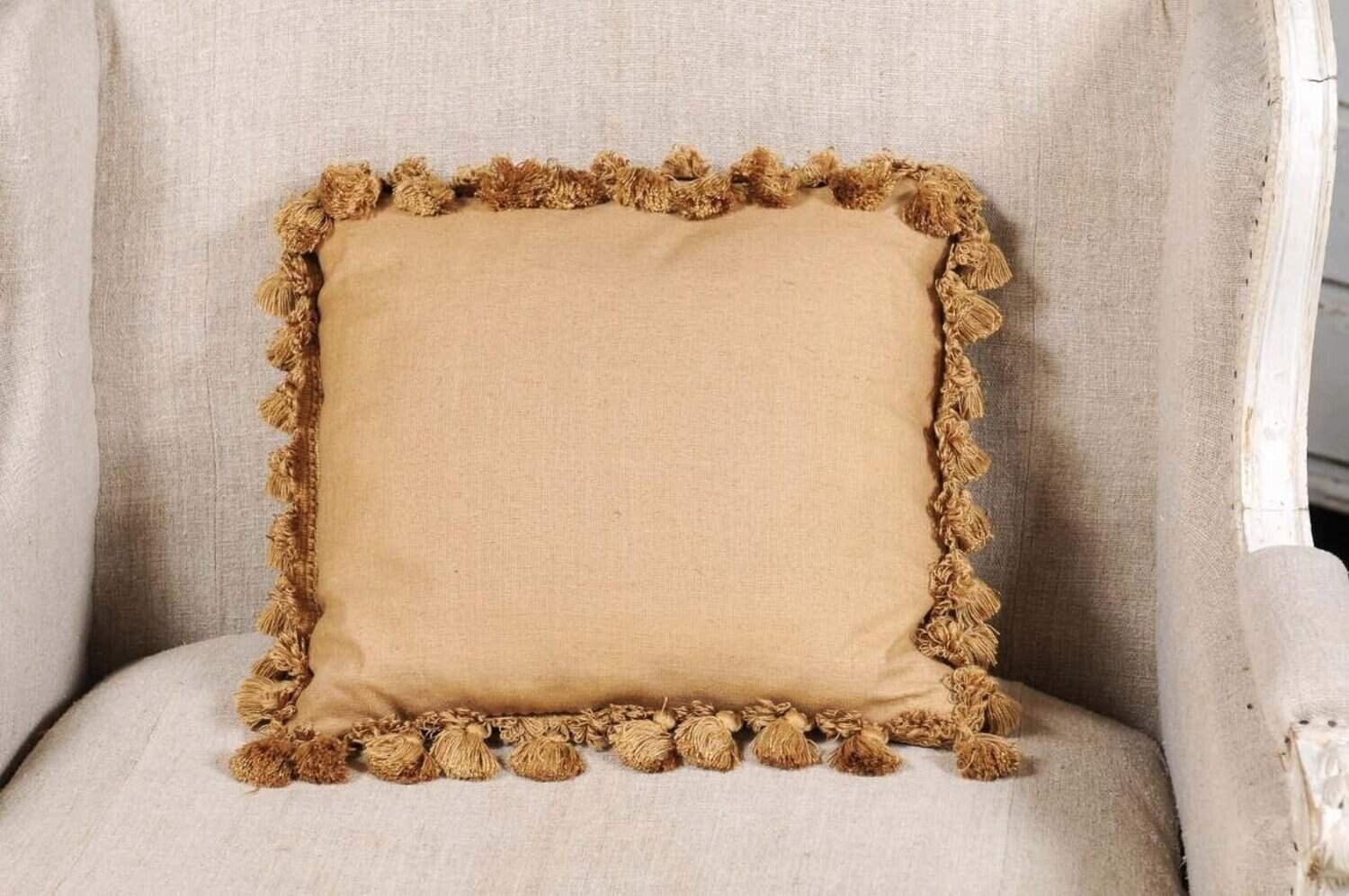 French 19th Century Aubusson Tapestry Pillow with Rose, Foliage and Tassels - JAA