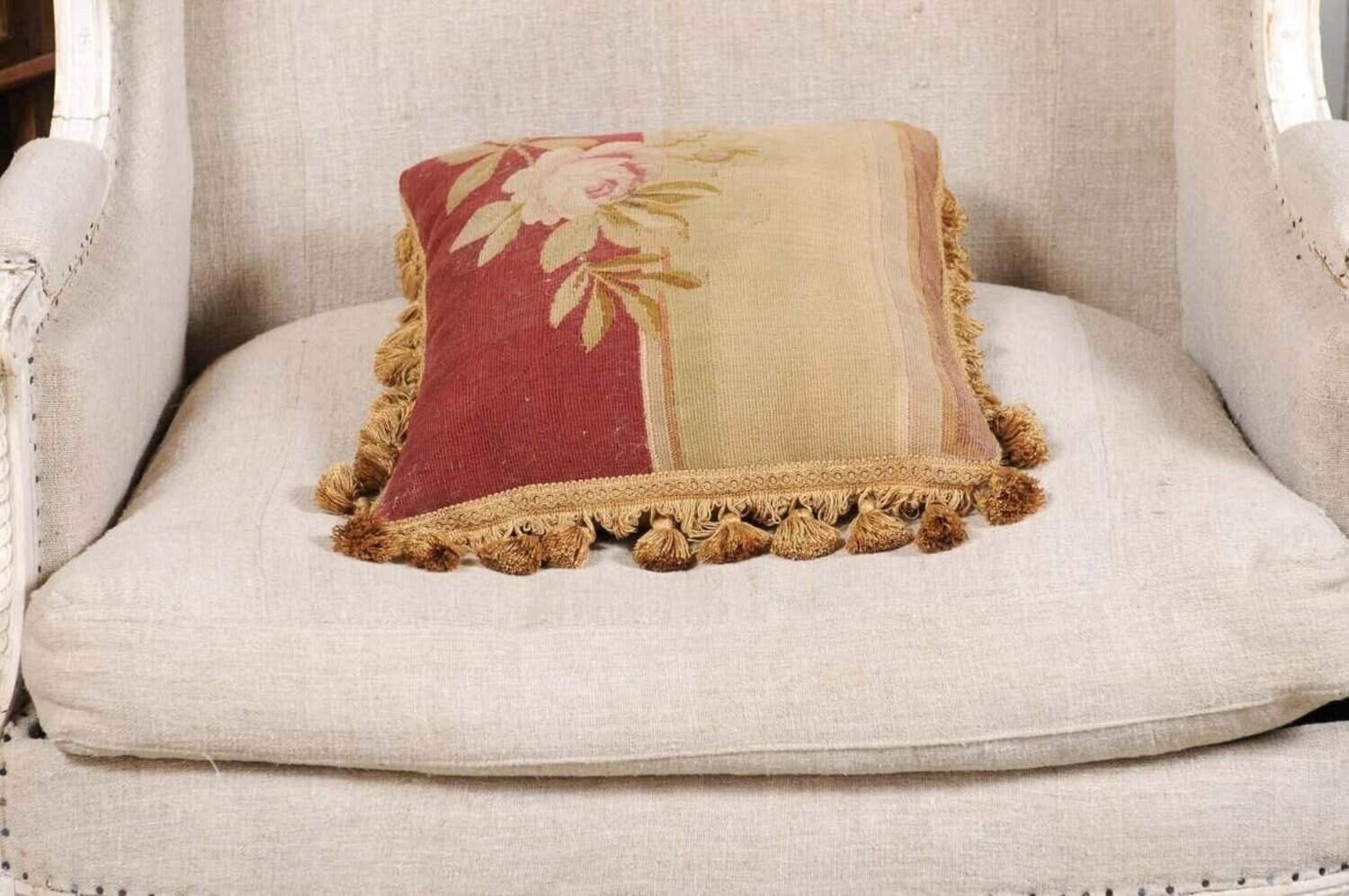 French 19th Century Aubusson Tapestry Pillow with Rose, Foliage and Tassels - JAA
