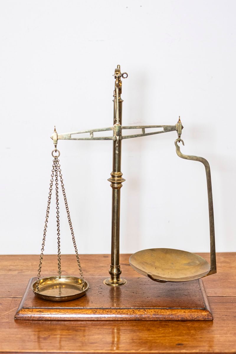 French 19th Century Freestanding Brass Tea Scale Mounted on Wooden Base - JAA