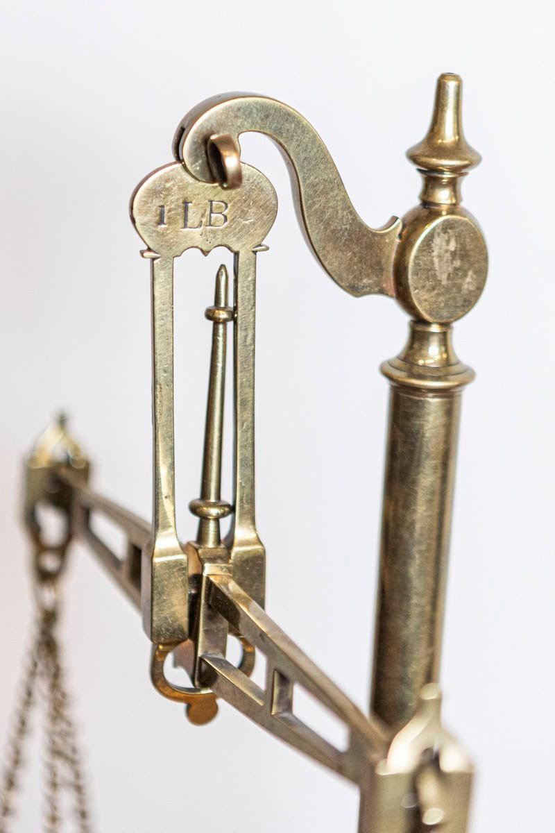 French 19th Century Freestanding Brass Tea Scale Mounted on Wooden Base - JAA