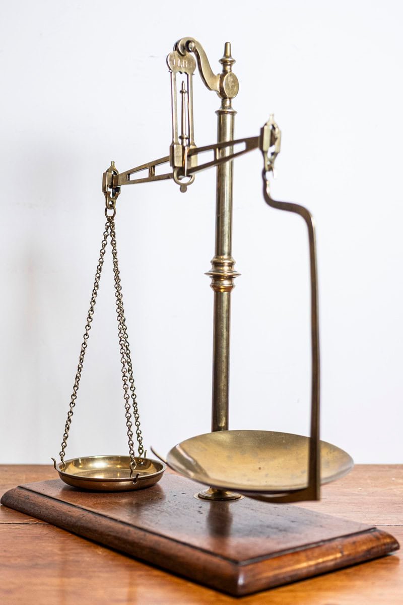 French 19th Century Freestanding Brass Tea Scale Mounted on Wooden Base - JAA