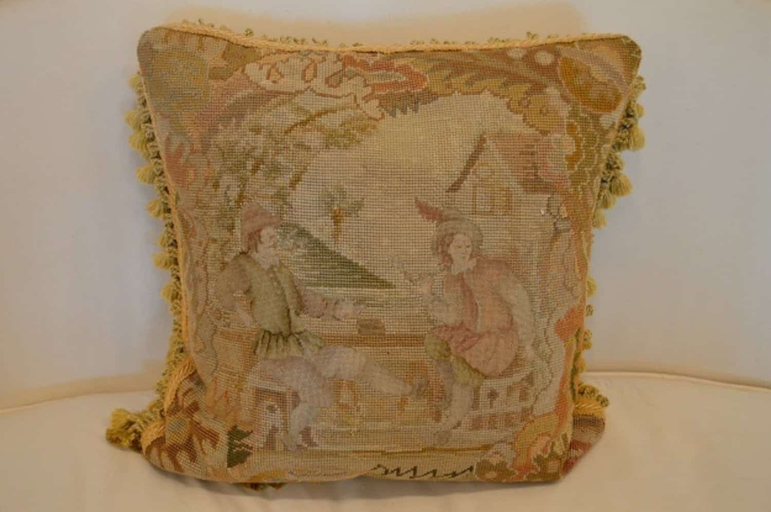 French 19th Century Aubusson Tapestry Pillow with Medieval Style Genre Scene - JAA