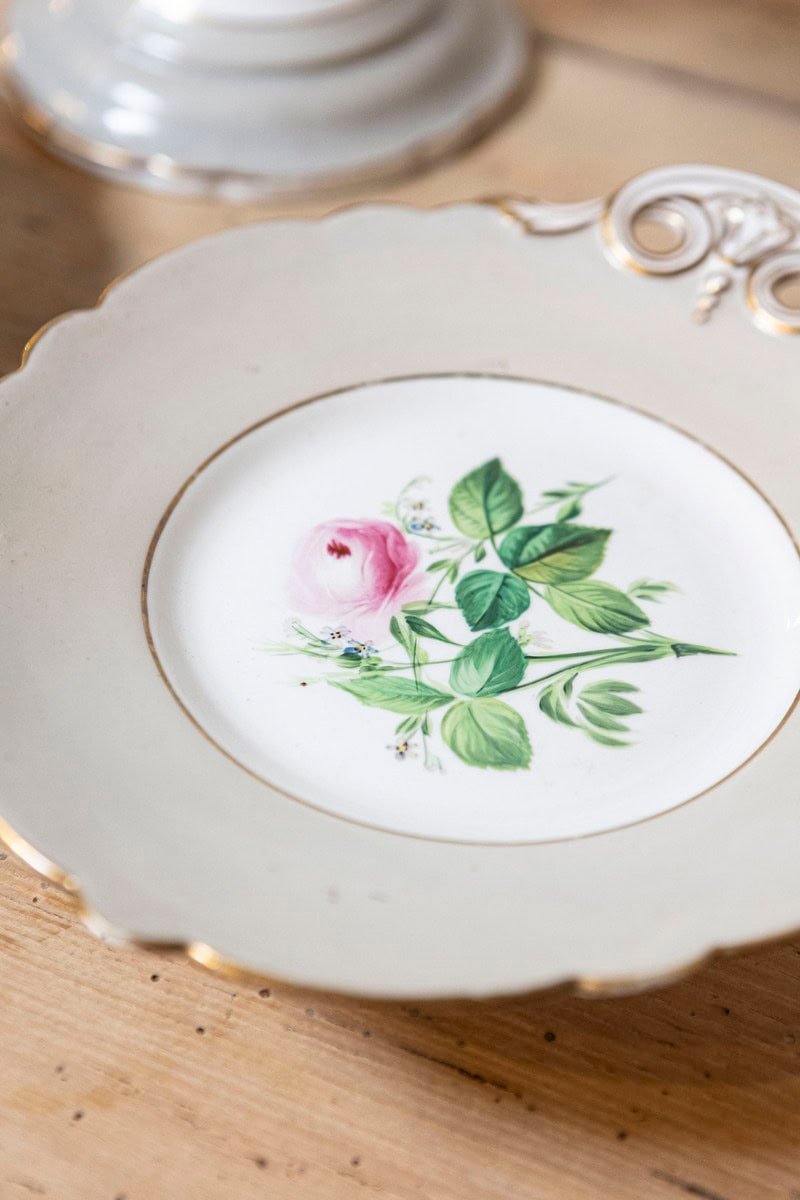 English 19th Century Porcelain Plates and Compote with Floral Décor, Sold Each - JAA