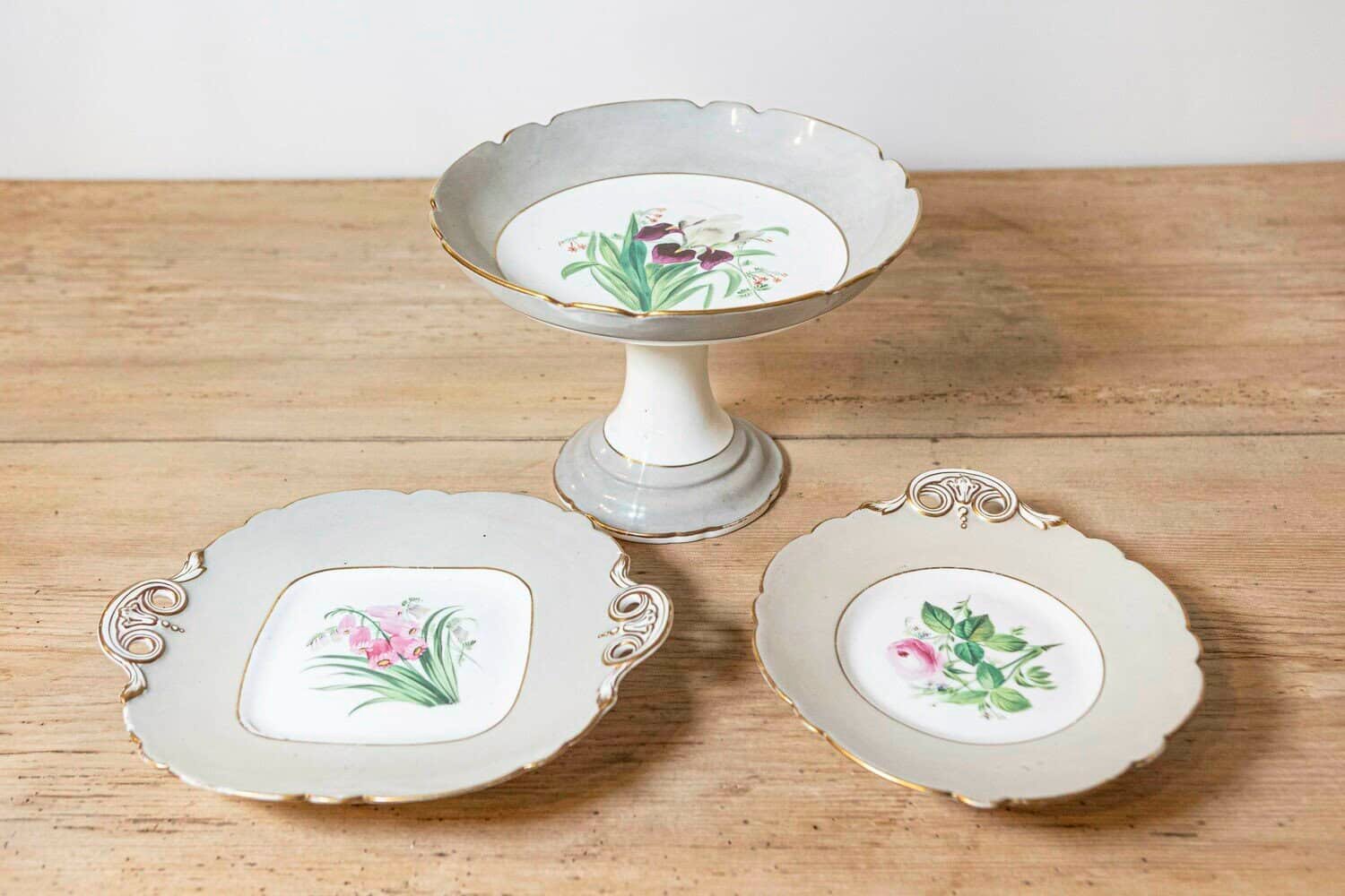 English 19th Century Porcelain Plates and Compote with Floral Décor, Sold Each - JAA