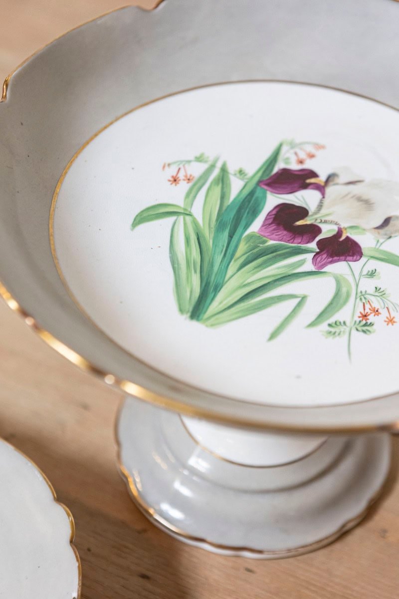 English 19th Century Porcelain Plates and Compote with Floral Décor, Sold Each - JAA
