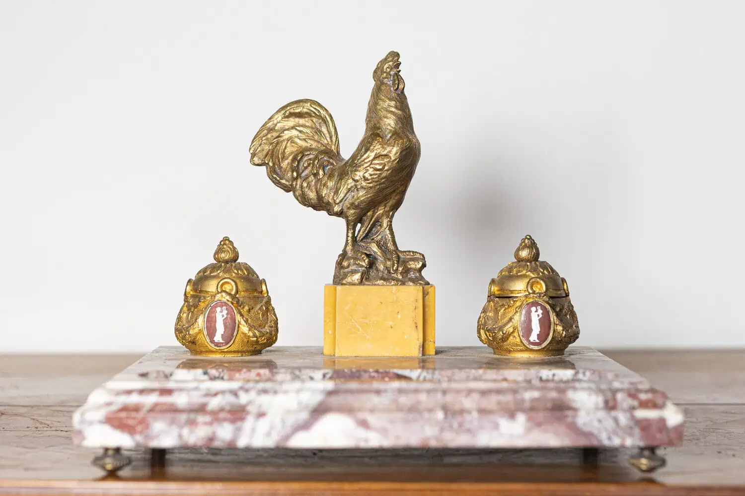 19th-Century French Marble and Gilt Bronze Inkwell with Rooster Motif - JAA